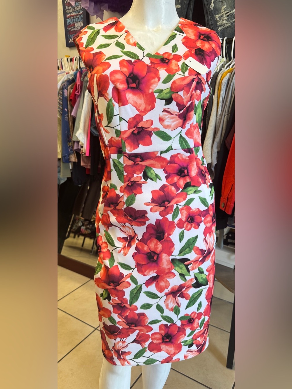 Calvin Klein White Strapless Dress with Red Floral Print